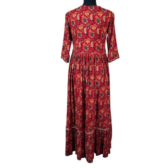 Arhaa Red Paisley Viscose Fit & Flare 3/4 Sleeve Boho Ethnic Maxi Dress Size S - Picture 4 of 12